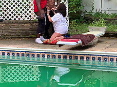 Slut wife sucking bbc at the pool side