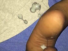 Cumshot on wife's nylon soles