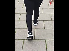 Step mom doesn't wear panties under black leggings on street get fucked by step son