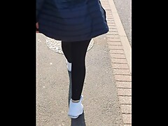 Step mom in black leggings fucked in the car park behind the cars by step son